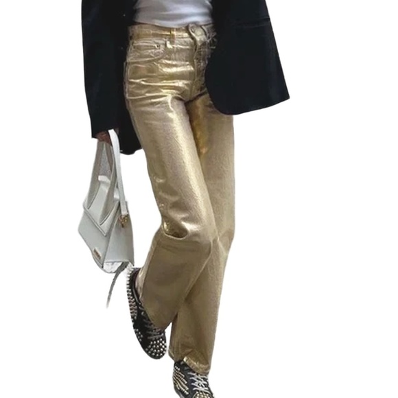 Zara Metallic Gold Jeans Boy Boy Fit Relaxed Cotton Pants Trousers Bloggers’ Fav - Picture 2 of 15